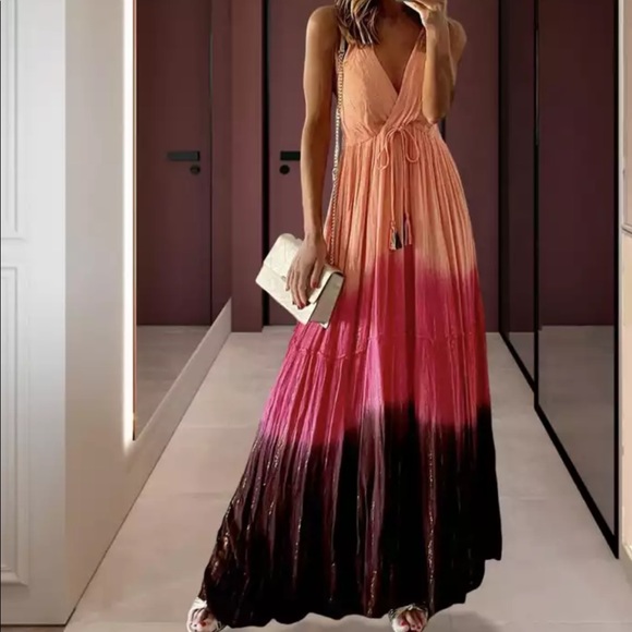 Deep V-Neck A-line Ruffle Open Back Dresses Sunset